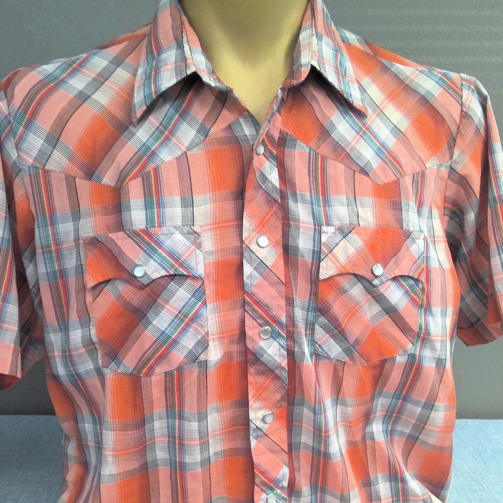 Vintage Lariat Western Pearl Snap Short Sleeve Shirt Orange Plaid Men's XL